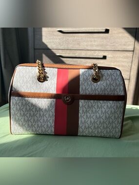 Michael Kors Monogram Tote with Coral and Brown Center Stripe